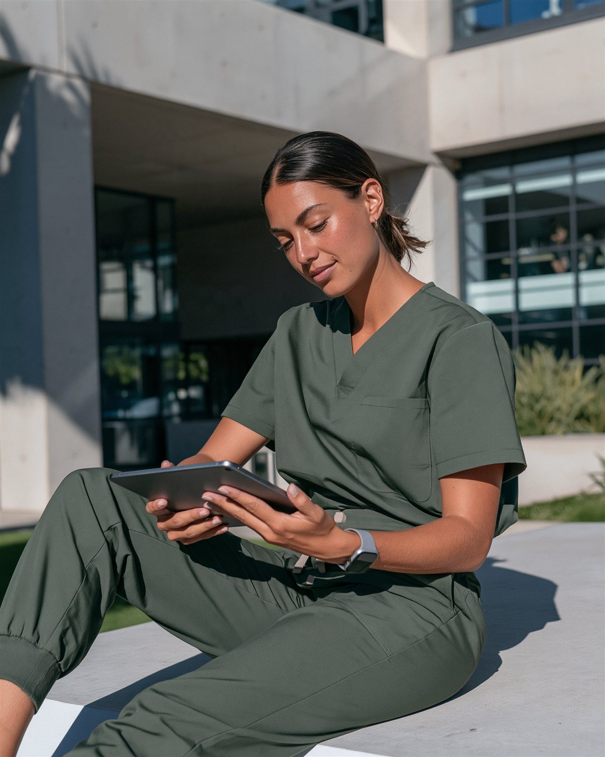 Mulher de uniforme hospitalar estudando com um tablet ao ar livre